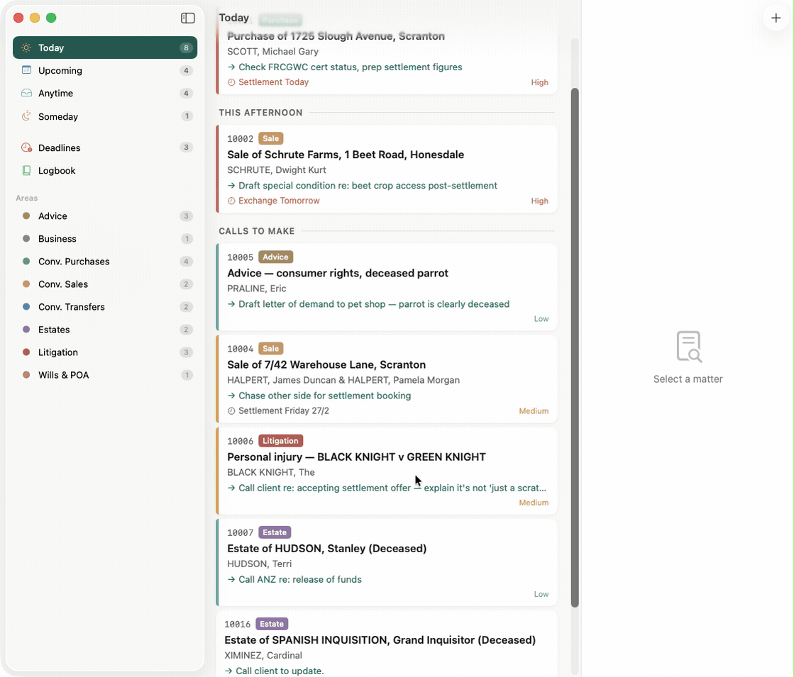 Animated scroll through the full Today view showing headings, multiple matter types, and priority levels