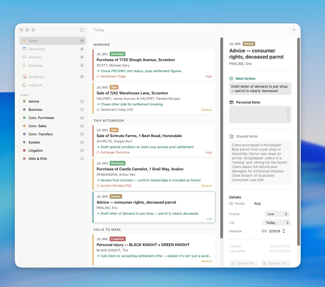 Matters — Today view showing morning matters with headings, priority indicators, next actions, and settlement deadlines