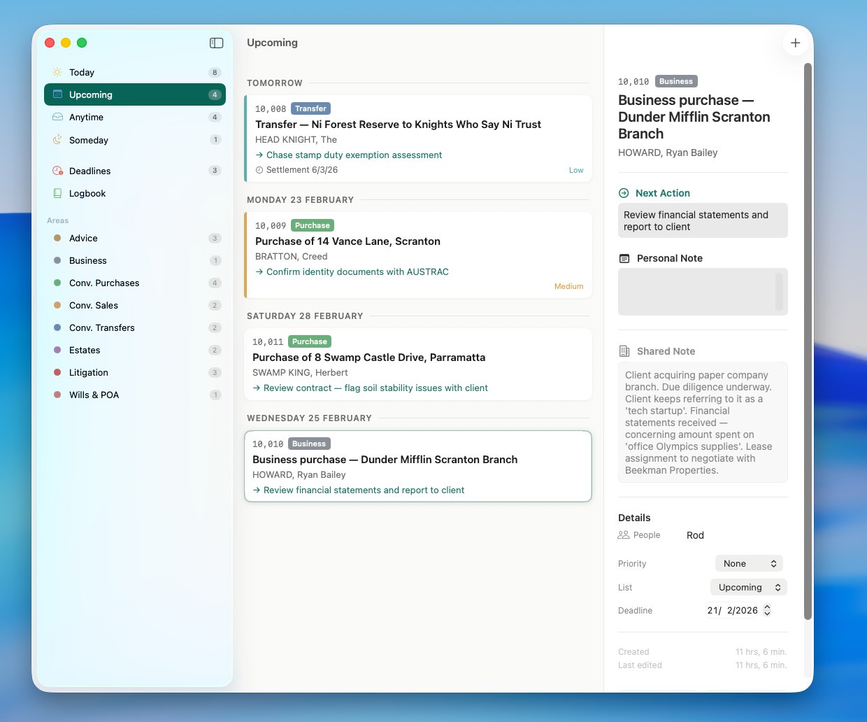 Matters — Upcoming view with matters grouped by deferred date, detail panel showing shared notes and next actions